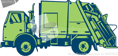 Image of Garbage Truck Rear End Loader Side Woodcut