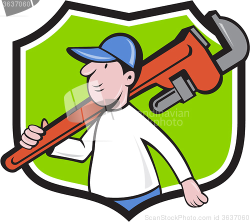 Image of Plumber Holding Monkey Wrench Crest Cartoon