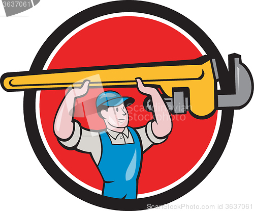 Image of Plumber Lifting Monkey Wrench Circle Cartoon