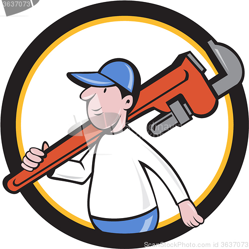 Image of Plumber Holding Monkey Wrench Circle Cartoon