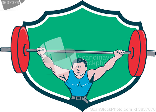 Image of Weightlifter Deadlift Lifting Weights Shield Cartoon