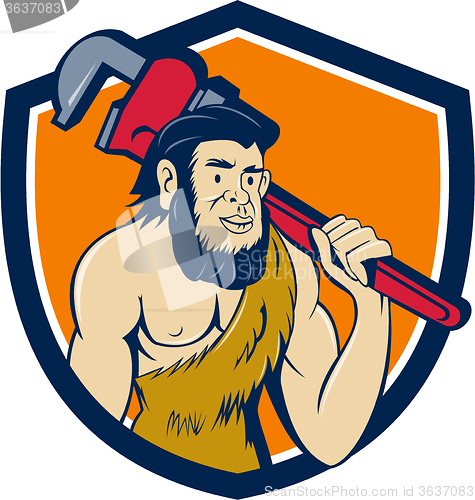 Image of Neanderthal CaveMan Plumber Monkey Wrench Shield Cartoon