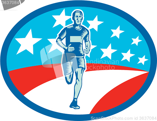 Image of Marathon Runner USA Flag Oval Woodcut