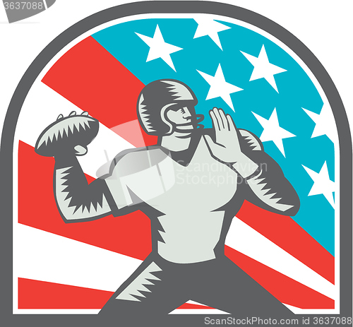Image of American Football Quarterback QB USA Flag Woodcut
