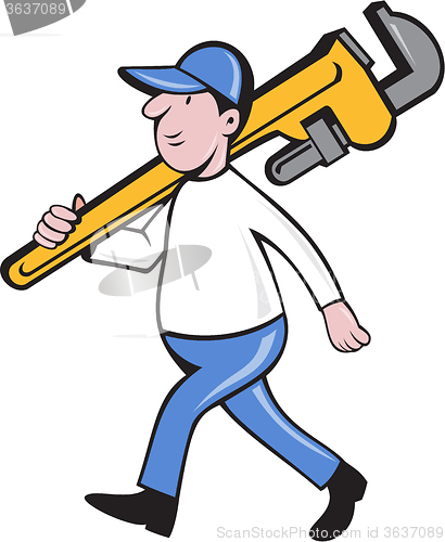 Image of Plumber Holding Monkey Wrench Isolated Cartoon