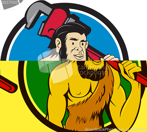 Image of Neanderthal CaveMan Plumber Monkey Wrench Circle Cartoon