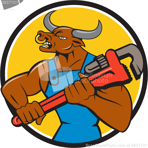 Image of Minotaur Bull Plumber Wrench Circle Cartoon
