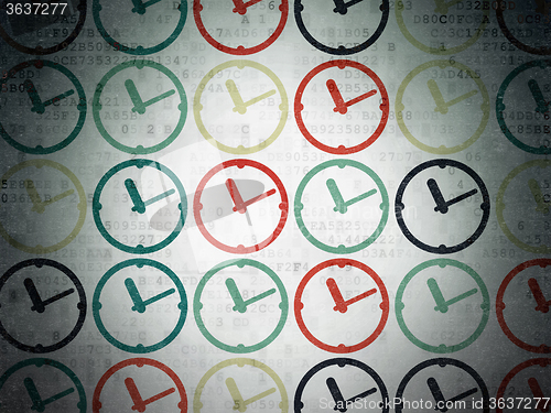 Image of Timeline concept: Clock icons on Digital Paper background