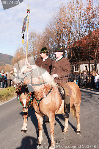 Image of Schliersee, Germany, Bavaria 08.11.2015: pioneer with script in Leonhardifahrt in Schliersee