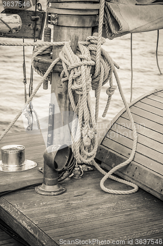 Image of Blocks and rigging of an old sailboat, close-up  