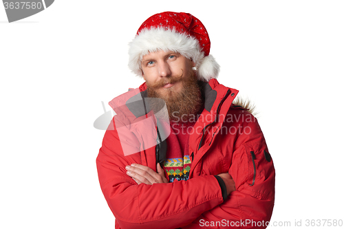 Image of bright picture of handsome man in christmas hat.