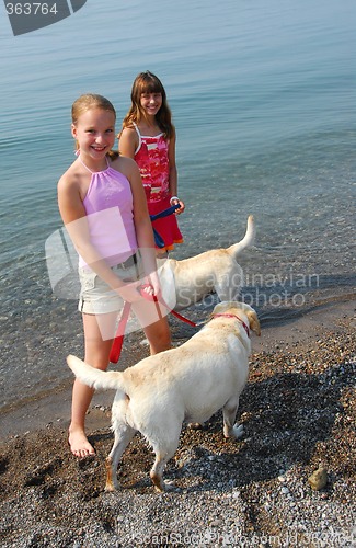 Image of Two girls playing with dogs