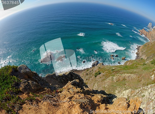 Image of Fisheye view of rocky sea coast at Cabo Da Roca, Portugal