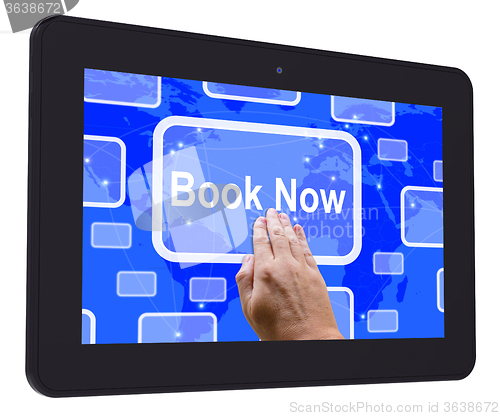 Image of Book Now Tablet Touch Screen Shows Hotel Or Flights Reservation