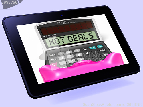 Image of Hot Deals Calculator Tablet Shows Promotional Offer And Savings