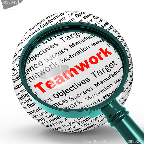 Image of Teamwork Magnifier Definition Means Unity And Partnership