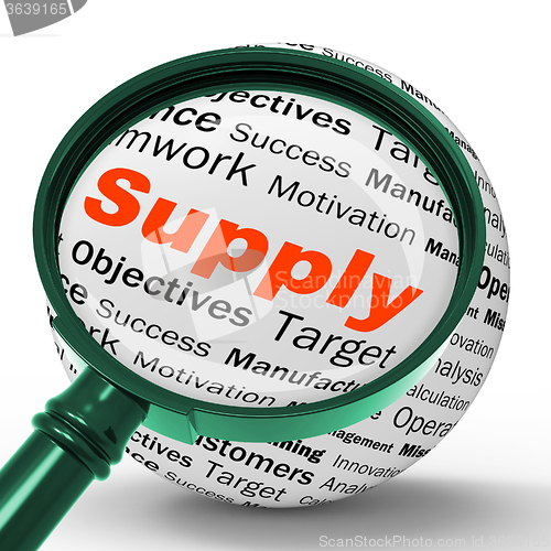 Image of Supply Magnifier Definition Shows Goods Provision Or Product Dem
