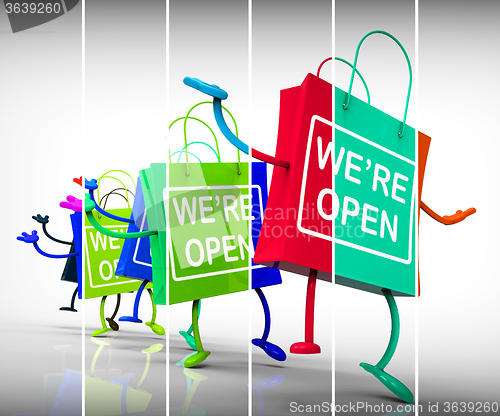 Image of We\'re Open Shopping Bags Show Shopping Availability and Grand Op