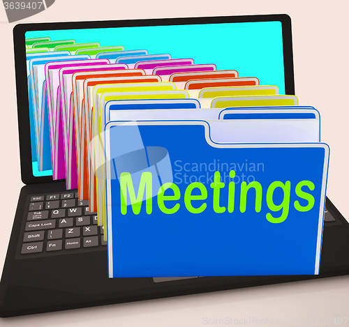 Image of Meetings Folders Laptop Means Talk Discussion Or Conference
