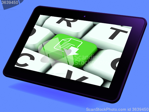 Image of Download File Key Tablet Shows Downloaded Software Or Data