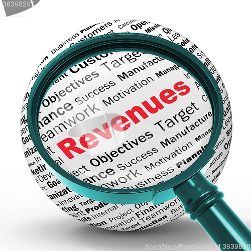 Image of Revenues Magnifier Definitions Shows Financial Growth Or Improve