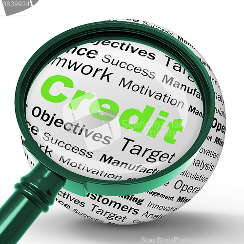 Image of Credit Magnifier Definition Shows Cashless Purchases Or Financia