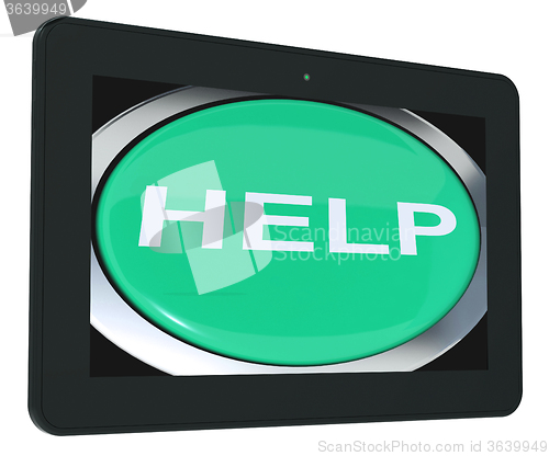 Image of Help Tablet Shows Aid Assistance Or Answers