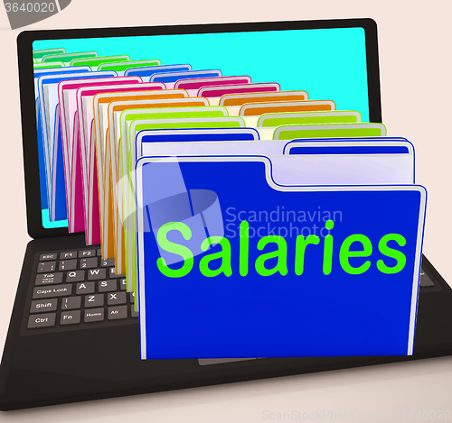 Image of Salaries Folders Laptop Show Paying Employees And Remuneration