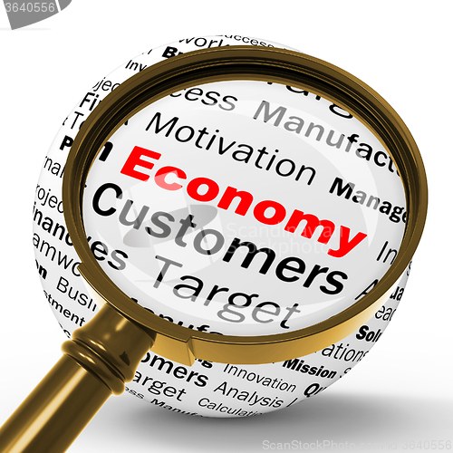 Image of Economy Magnifier Definition Shows Financial Management Or Accou