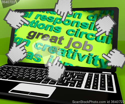 Image of Great Job Laptop Screen Shows Awesome Work And Positive Feedback