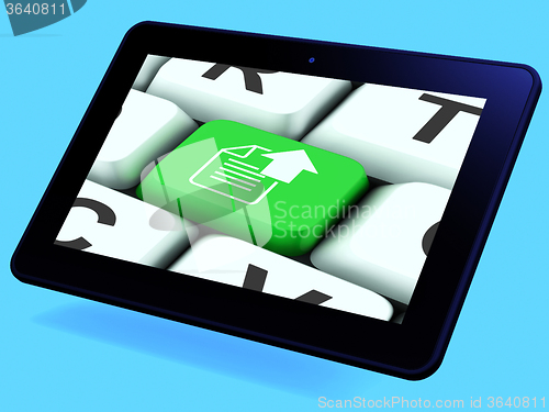 Image of Upload Arrow And File Key Tablet Shows Uploaded Software or Data