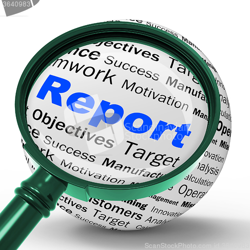 Image of Report Magnifier Definition Shows Progress Statistics And Financ