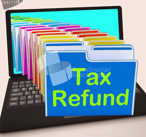 Image of Tax Refund Folders Laptop Show Refunding Taxes Paid
