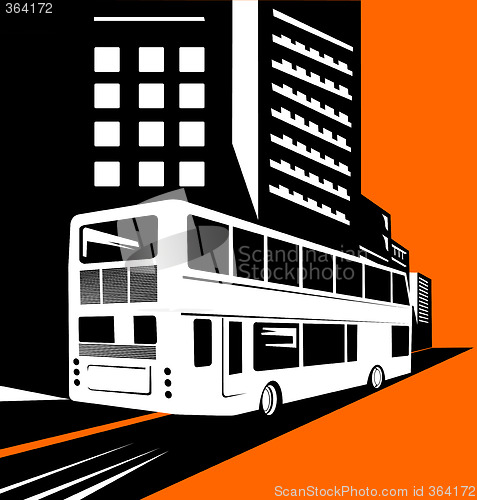 Image of Double decker bus with buildings