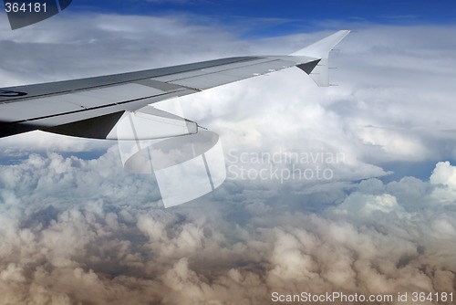 Image of Airplane wing over cloudscape