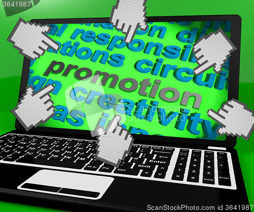 Image of Promotion Laptop Screen Shows Marketing Campaign Or Promo