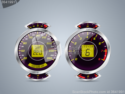 Image of Shiny metallic speedometer and rev counter