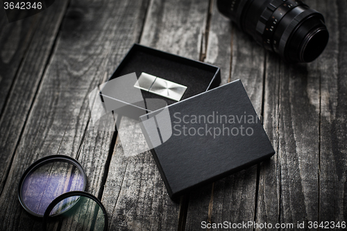 Image of Photographer usb flash stick drive in box mockup