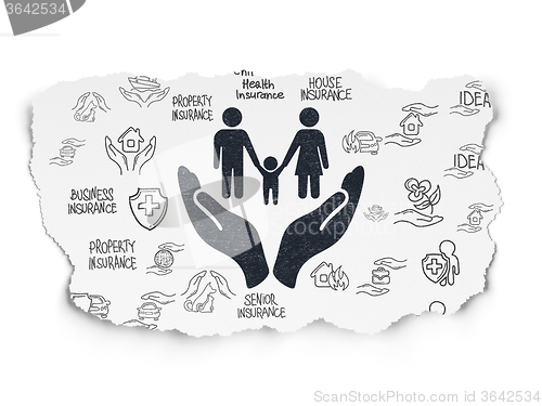 Image of Insurance concept: Family And Palm on Torn Paper background