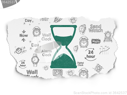 Image of Timeline concept: Hourglass on Torn Paper background