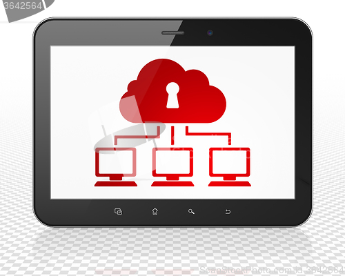 Image of Privacy concept: Tablet Pc Computer with Cloud Network on display