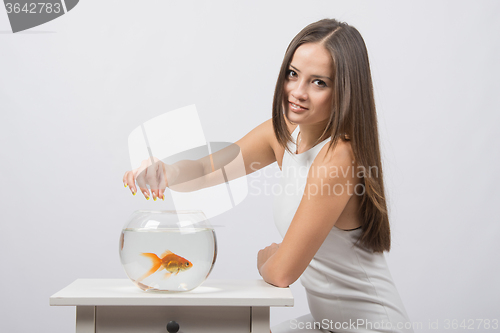 Image of A young girl feeds a goldfish in a fishbowl