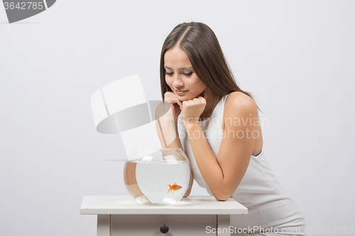 Image of The girl sits near the aquarium with goldfish and looks at it