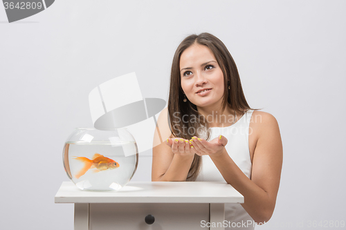 Image of She asks for help from the goldfish in the aquarium