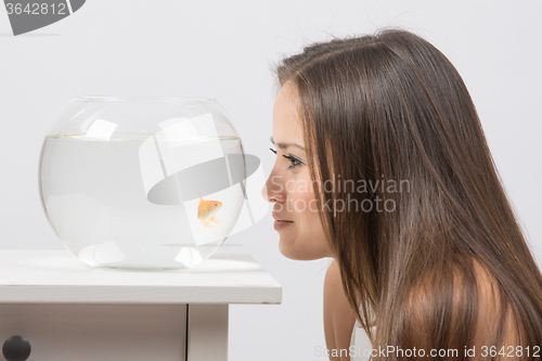 Image of Young girl leaning face to the aquarium and looking at goldfish