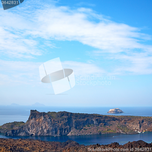 Image of volcanic land in europe santorini greece sky and mediterranean s