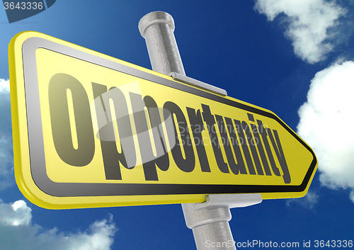 Image of Yellow road sign with opportunity word under blue sky