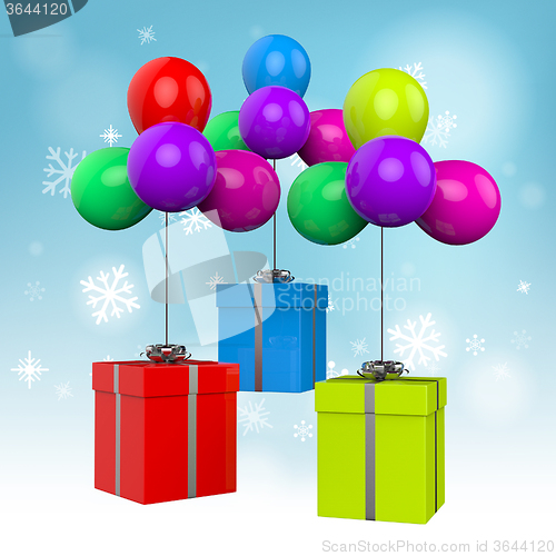 Image of Balloons With Presents Mean Birthday Presents Or Colourful Party