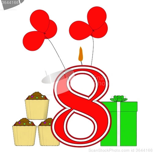 Image of Number Eight Candle Means Eighth Birthday Party Or Celebration