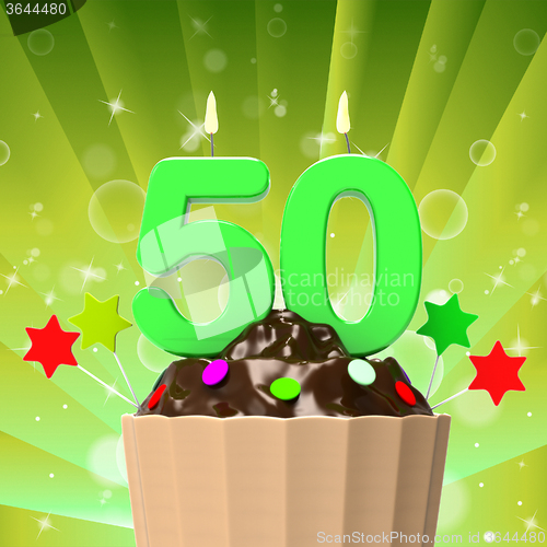 Image of Fifty Candle On Cupcake Shows Fiftieth Anniversary Or Remembranc